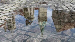 Spiegelung des Rathaus-Turms und des Braunschweiger Löwen in einer Pfütze