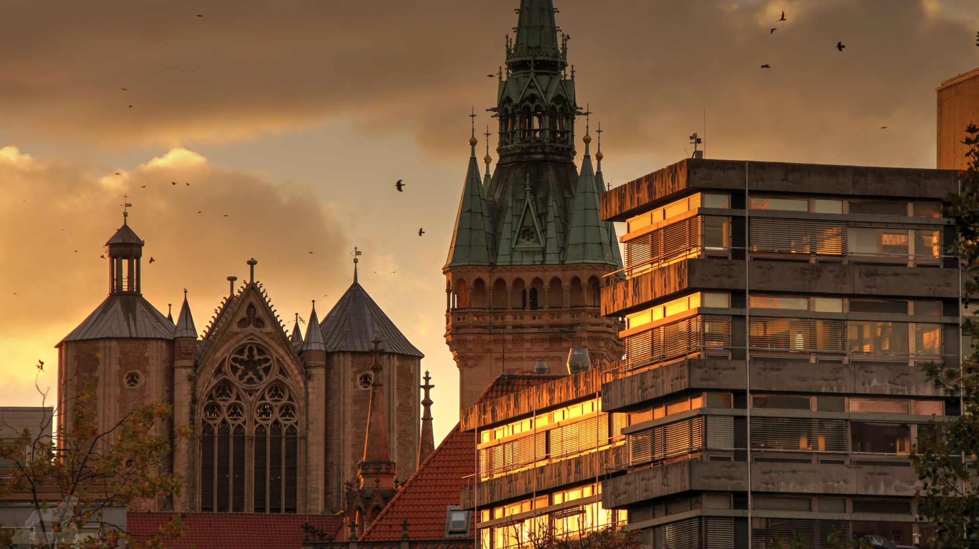 Turm des Dom St. Blasii und Rathaus-Neubau im Abendlicht