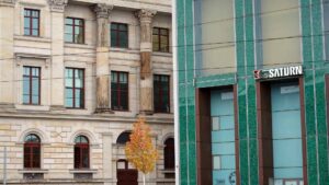 Rekonstruierte Schloßfassade trifft auf modernen Seiteneingang