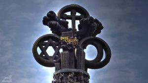 Christussäule - 2000 Jahre Christentum - Deus Caritas Est (Gott ist Liebe) über Darstellung des Anschlags auf das World Trade Center