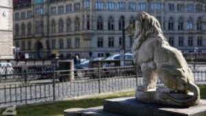 Der Löwe vorm Hotel Deutsches Haus blickt auf den Ruhfäutchenplatz