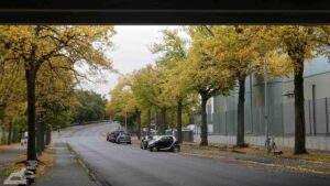 herbstliche gefärbte Bäume in der Gunterstraße - Straßenüberführung von VW